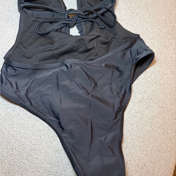 Black Ruffled Halter One-Piece Swimsuit - Picture 4 of 7